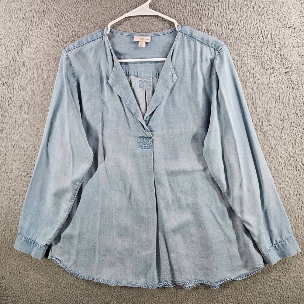J. Jill Denim Tencel Lyocell Tunic Blouse Light Wash Blue Petite Large L P